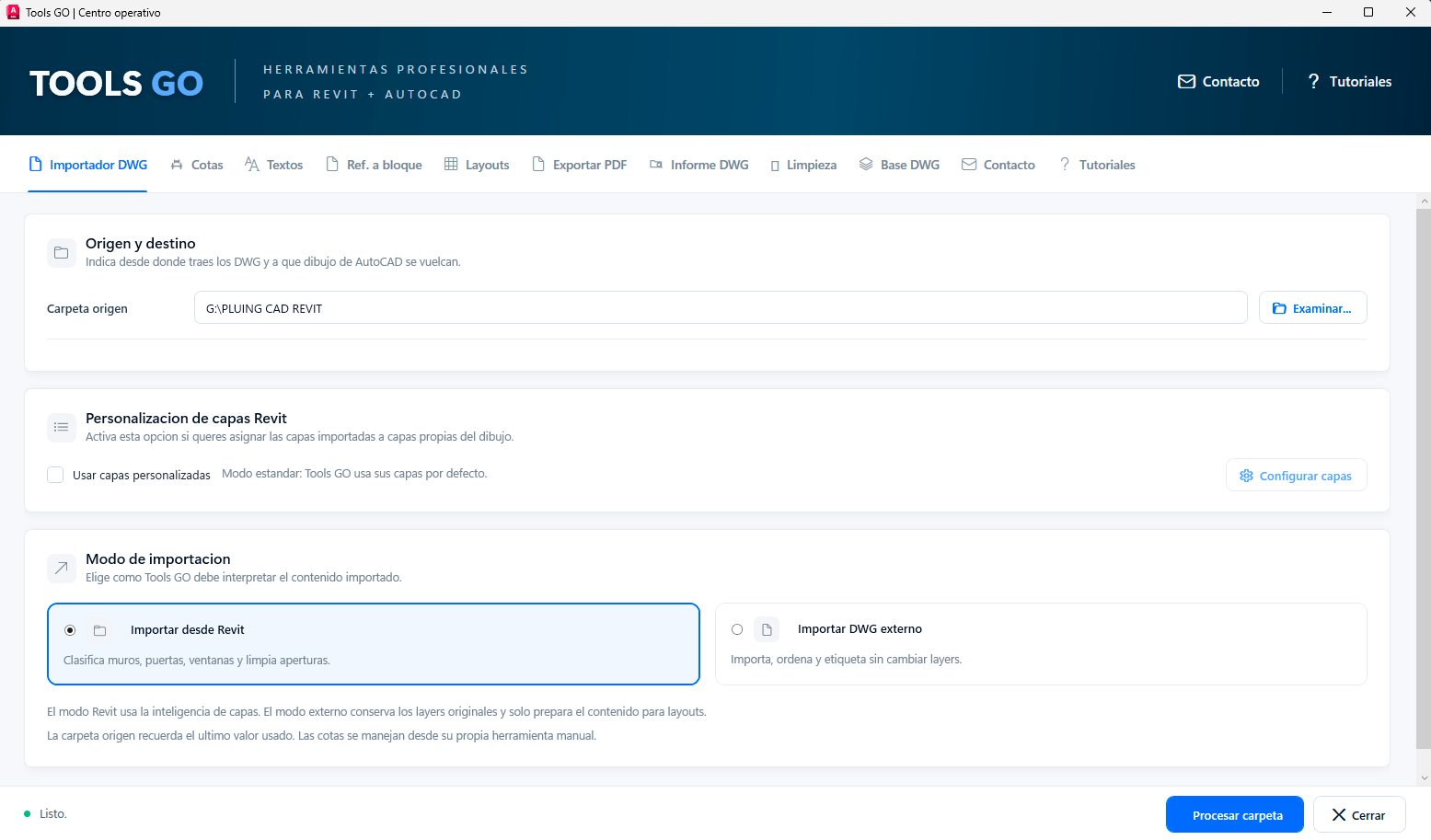Pestaña Importador DWG — origen, capas, modo de importación
