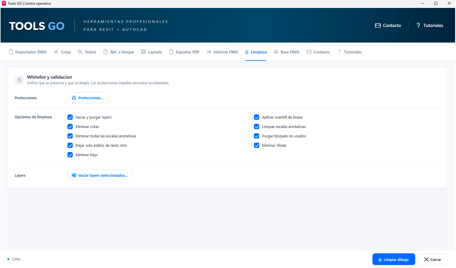 Pestaña Limpieza — whitelist, validación y opciones por checkbox