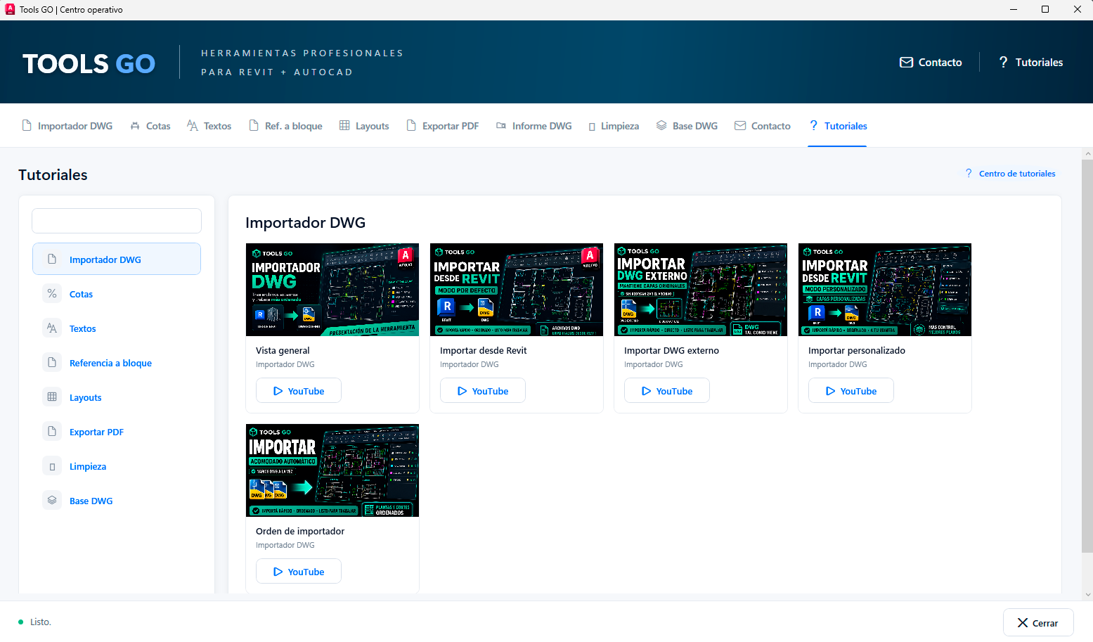 Pestaña Tutoriales — hub de videos por herramienta